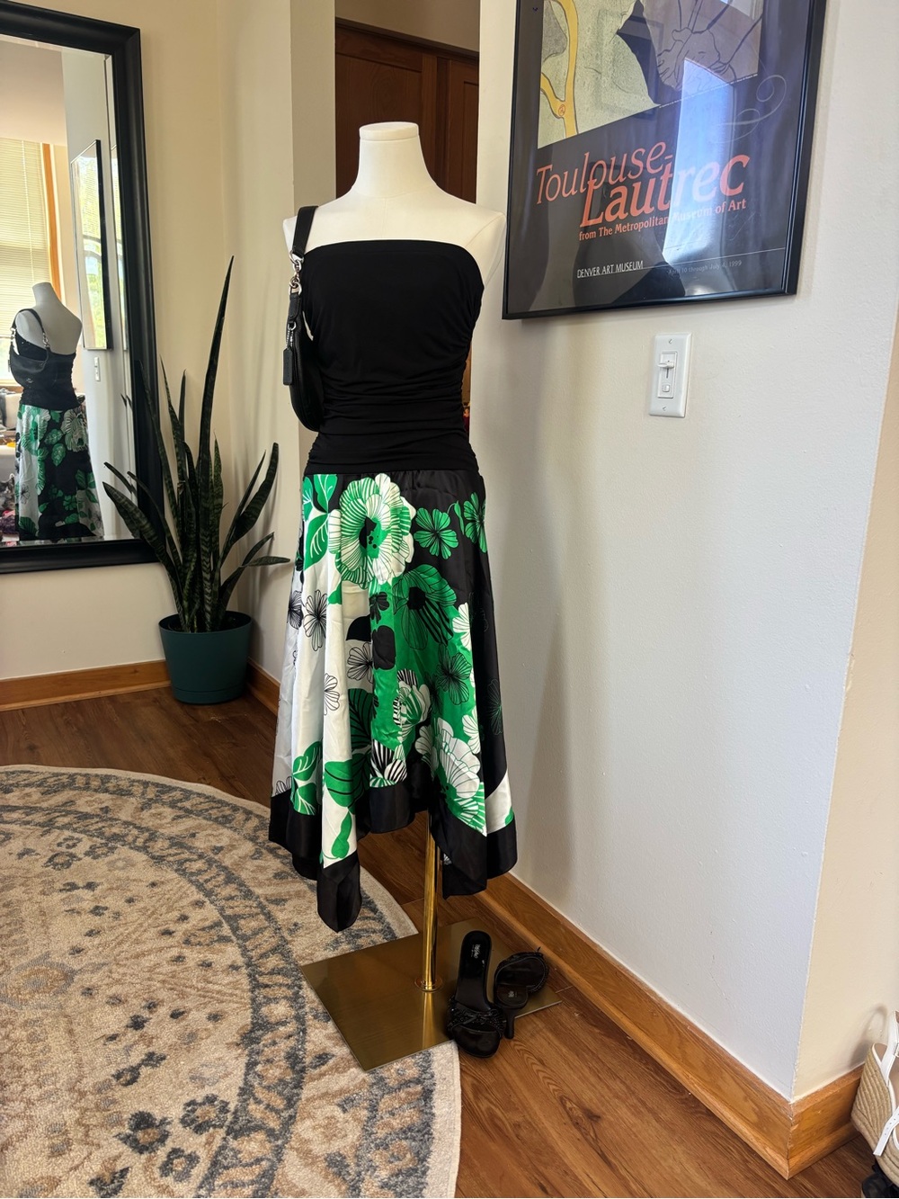 Y2K Black Green Floral Handkerchief Hem Midi Dress Ruched Bodice